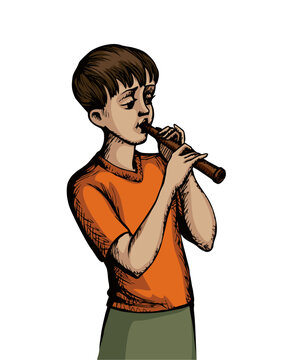 boy playing flute orange shirt clip art preview