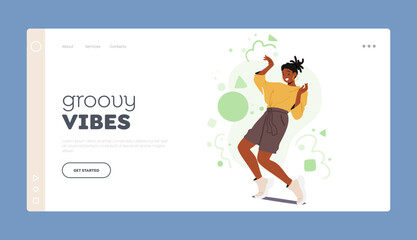 Groovy Vibes Landing Page Template. African American Female Character Performer Defying Gravity With A Mind-bending Pose