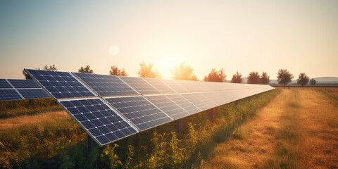 A row of solar panels in a sunny field, symbolizing renewable energy, concept of Sustainability, created with Generative AI technology