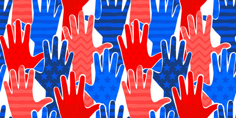Colorful united states people crowd hands raised up seamless pattern. Red and blue color community group background for july 4th holiday or politic election concept. American vote, social event print.