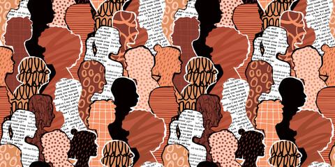 Colorful diverse people crowd abstract art seamless pattern. Multi-ethnic community, big cultural diversity group background illustration in modern collage painting style.