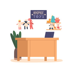 Creative Workshop With A Table and Laptop, Interior Where Artisans Skillfully Craft Handmade Toys, Vector Illustration