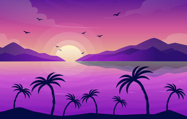 Fototapeta na wymiar gradient beach, mountain, palm landscape background