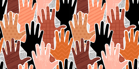 Naklejka premium Colorful diverse people hand abstract art seamless pattern. Multi-ethnic community raised hands, cultural diversity group crowd background illustration in modern collage painting style with arms up.