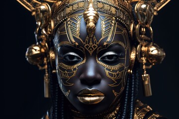 close up portrait of a beautiful african woman with golden make-up and decoration, ai generated image