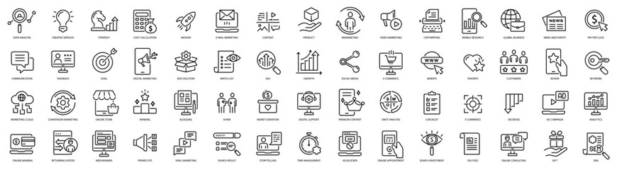 Fototapeta premium Digital marketing line icons set. Marketing vector graphics. Set includes icons as promotion, announcement, management. Digital marketing line icons set.