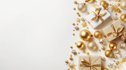 Naklejka premium Christmas Flat Lay Background.Beautiful christmas golden shiny decorations on a white background.New Year composition.Holiday card.Top view, copy space, Created using generative AI tools.