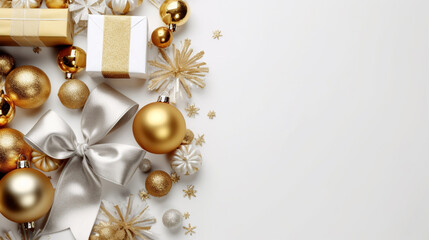 Fototapeta premium Christmas Flat Lay Background.Beautiful christmas golden shiny decorations on a white background.New Year composition.Holiday card.Top view, copy space, Created using generative AI tools.