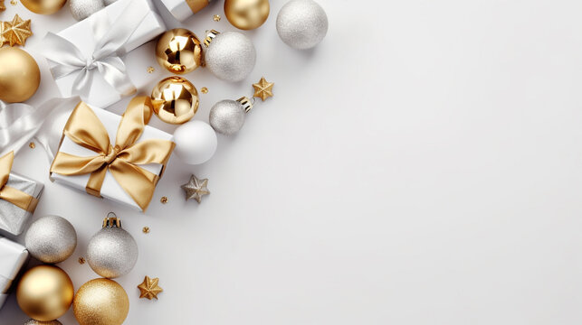 Christmas Flat Lay Background.Beautiful christmas golden shiny decorations on a white background.New Year composition.Holiday card.Top view, copy space,  Created using generative AI tools.