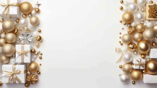 Christmas Flat Lay Background.Beautiful christmas golden shiny decorations on a white background.New Year composition.Holiday card.Top view, copy space,  Created using generative AI tools.