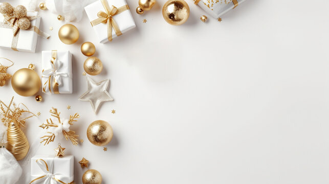 Christmas Flat Lay Background.Beautiful christmas golden shiny decorations on a white background.New Year composition.Holiday card.Top view, copy space,  Created using generative AI tools.