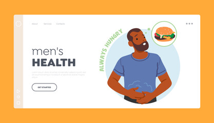 Men's Health Landing Page Template. Hunger Symptom Of Diabetes. Male Character Feel Need To Eat, Vector Illustration