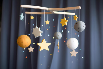 Celestial Dreams - Baby Crib Mobile with Stars, Planets, Clouds, and Moon - Generative AI - obrazy, fototapety, plakaty