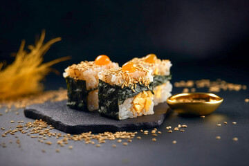 Tasty golden sushi. Super photo realistic background, generative ai