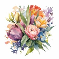 Spring flower bouquet watercolor illustration painting , rose , tulip , bunch flowers with leaves 