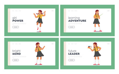 School Girl Landing Page Template Set. Character Poses and Expressions. Child Rejoice, Show Thumb Up, Surprised