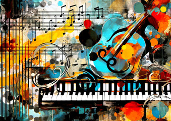 Colorful music festival poster with piano painting technique. Music festival concept. AI generated.