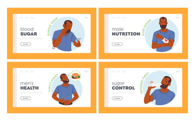 Diabetes Symptoms Landing Page Template. Disease Signs Performed with Male Character such as Always Hungry