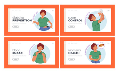 Common Symptoms Of Diabetes Landing Page Template Set. Diseased Woman with Excessive Thirst, Weight Loss