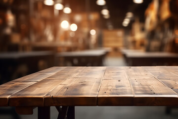 Rustic Wooden Tabletop with Blurred Workshop Background - Generative AI