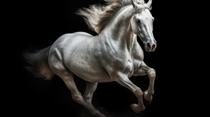 Obraz na płótnie Canvas a white horse is galloping in the dark with its rear legs spread. generative ai