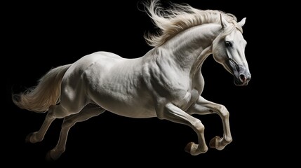 Fototapeta na wymiar a white horse is galloping in the dark with it's hair blowing in the wind. generative ai