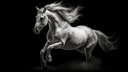 Obraz na płótnie Canvas a white horse is galloping on a black background in the dark. generative ai
