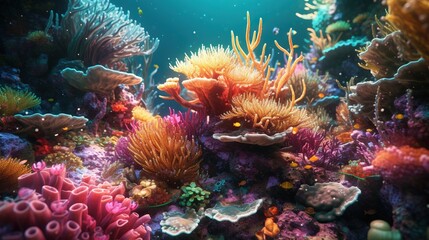 Naklejka na ściany i meble an underwater scene of corals and sea anemones. generative ai