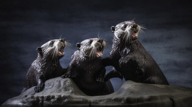  three otters are standing on a rock and yawning.  generative ai