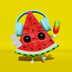 Cool dancing watermelon in earphones listening to music popsicle ice cream creative 3D character Summer fun party banner