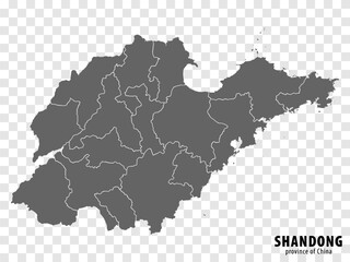 Blank map  Province Shandong of China. High quality map Shandong with municipalities on transparent background for your web site design, logo, app, UI. People's Republic of China.  EPS10.