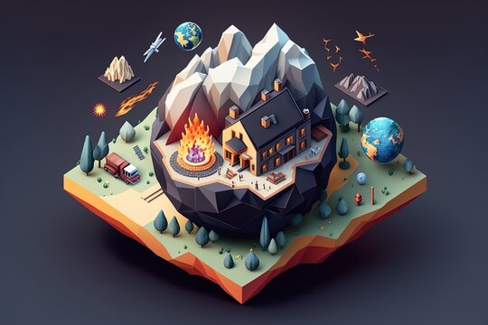 isometric 3d earth with house night scene generated ai