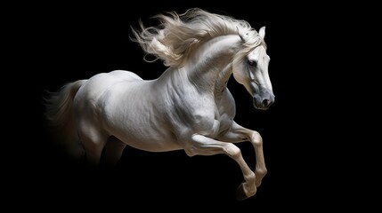Naklejka na ściany i meble a white horse is galloping in the dark with its hair blowing in the wind. generative ai