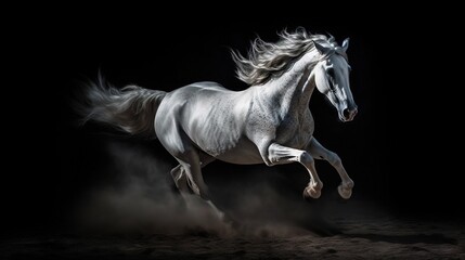 Fototapeta na wymiar a white horse is galloping through the dust in the dark. generative ai