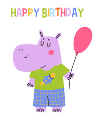 Happy birthday card with fun hippo. Cute hippopotamus with balloon. Children greeting card for print.