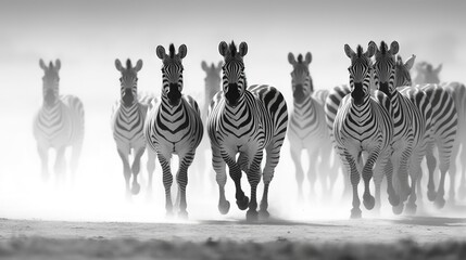  a herd of zebras running across a field in the wild.  generative ai
