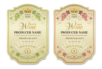 Wine labels. Vector set of two labels for wine with bunches of grapes and crown. Design of the wine logo.