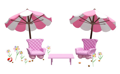 3d two sofa chair with pink umbrella or parasol, flower, coffee table isolated. 3d render illustration