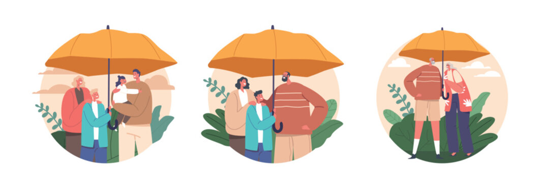 Isolated Round Icons with Family under Umbrella Protection Shields Loved Ones From Rain, Sun, Unexpected Weather Changes