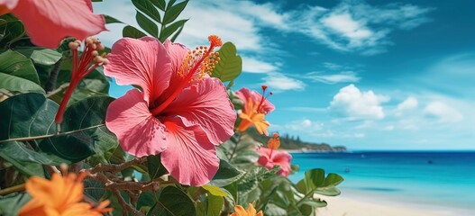 summer nature background, beautiful tropical island beach behind beautiful hibiscus flower bush, Generative Ai - obrazy, fototapety, plakaty