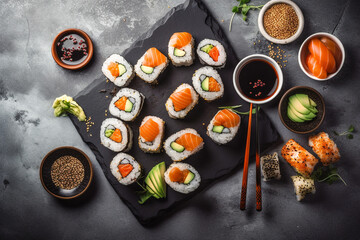 Tasty japanese sushi. Super photo realistic background, generative ai