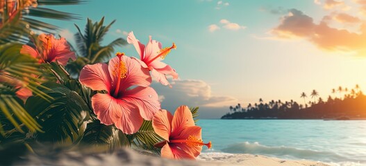 summer nature background, beautiful tropical island beach behind beautiful hibiscus flower bush, Generative Ai
