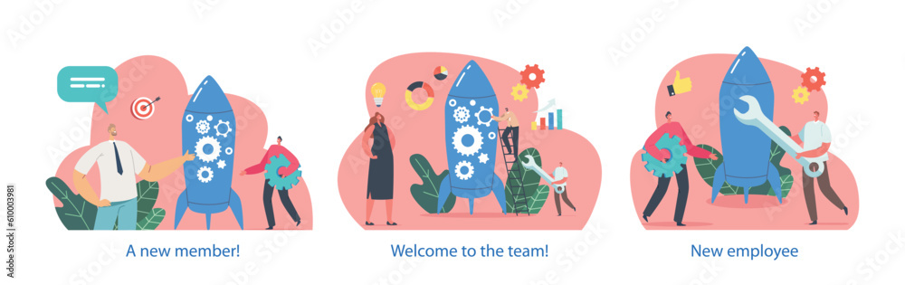 Wall mural isolated elements with rocket and business characters meet new team member. fresh addition to the te