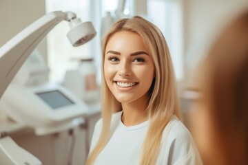 To advertise a dentist. Portrait of a beautiful girl after a dentist appointment. Dentist. Beautiful smile. Generative ai.