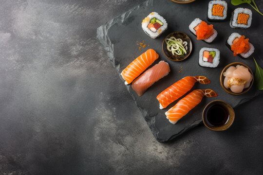 Tasty japanese sushi. Super photo realistic background, generative ai