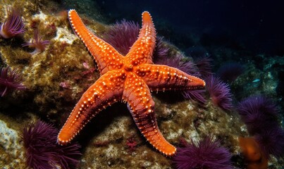  an orange starfish on a coral with purple sea anemones.  generative ai