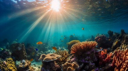 Fototapeta premium Scenic view of under water, sea bottom, with corals, sea weeds and fishes, ai generated