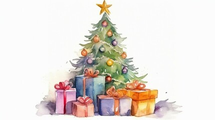 Watercolor chrsitmas tree with presents on white background, AI generated
