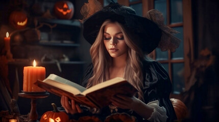 Young halloween witch girl reading a dark book of spells in the library making magic, ai generated