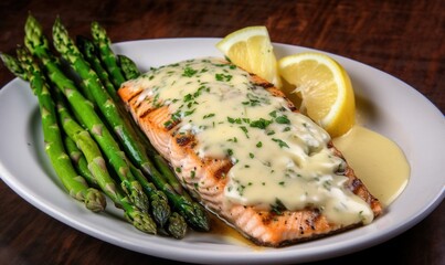  a plate of salmon and asparagus with a lemon wedge.  generative ai